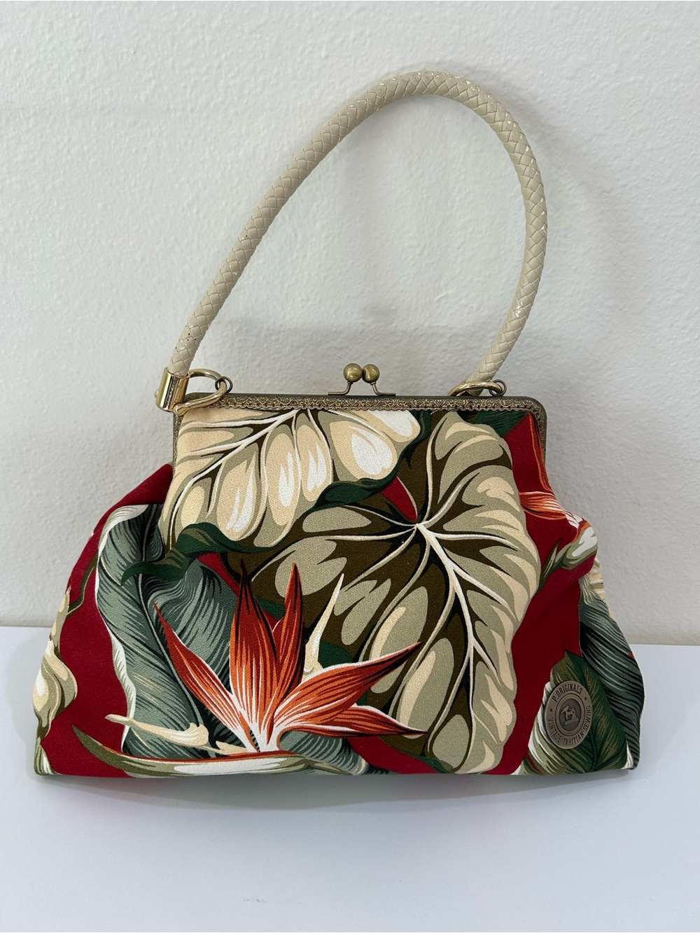 P. Originals Vintage Tahitian Bird of Paradise Tropical Print Frame-Top Purse